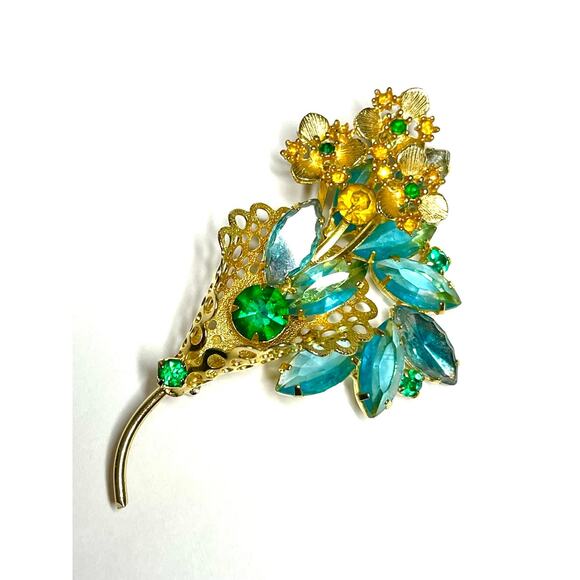 Vintage Brooch Blue Green Rhinestone Vtg Costume Jewelry Pin Lot JU10 - Picture 1 of 6